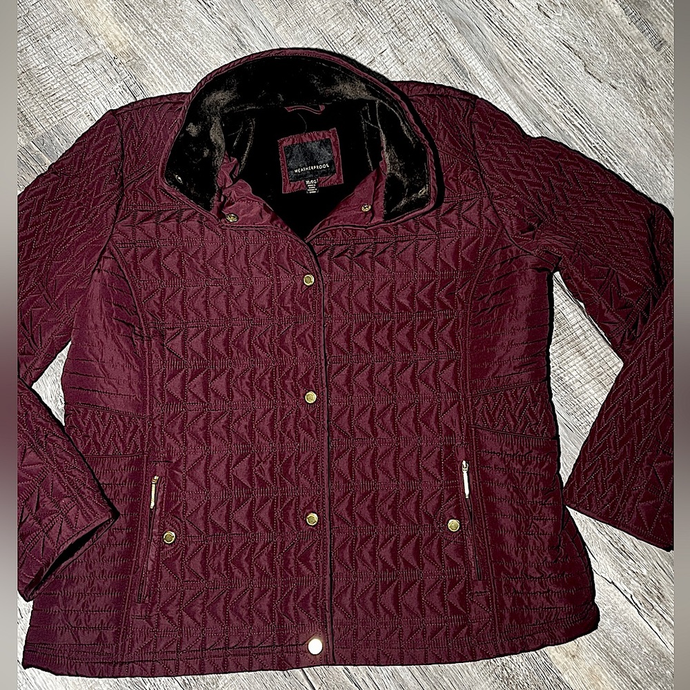 Weatherproof Quilted Jacket - Size XL, Burgundy, Faux Fur Lining